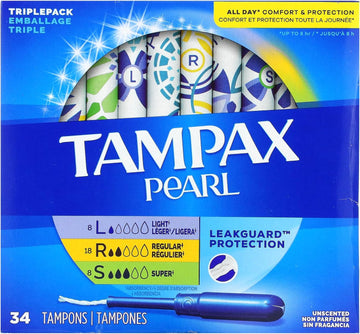 Tampax Pearl Tampons Multipack, Light/Regular/Super Absorbency, With Leakguard Braid, Triple Pack, Unscented, 34 Count