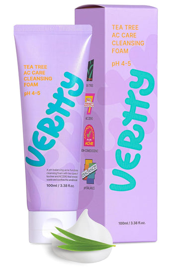 Vertty Tea Tree Vegan Cleansing Foam | Daily Oil Control Cleanser | Hydro Boost Exfoliating, Moisturizing, Hydrating, Soothing Cleanser For Sensitive Skin | Teens & Kids Skin Care (3.38Oz)