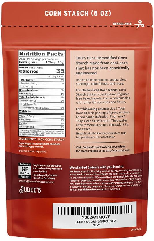 Judee’s Corn Starch 8 oz - 100% Non-GMO and Just One Ingredient - Gluten-Free and Nut-Free - Great Thickener for Sauces, Soups, and Gravies - Lighten Gluten Free Cake or Bread Texture