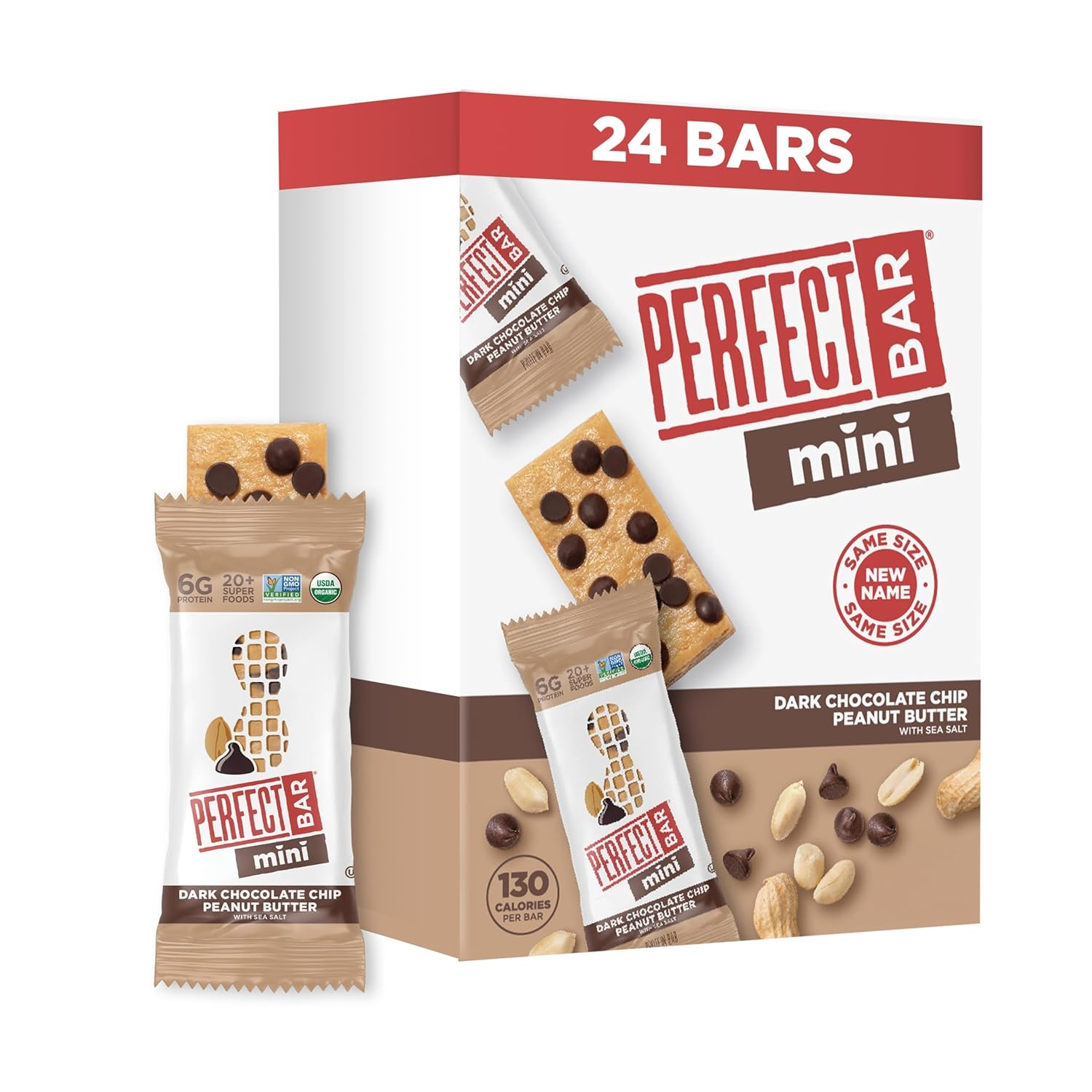 Perfect Bar Mini, Dark Chocolate Chip Peanut Butter Protein Bar, Protein Snack, Snack Bar, Organic, Gluten Free, Soy Free, Non Gmo, No Sugar Alcohols, .88 Ounce Bar, 24 Count