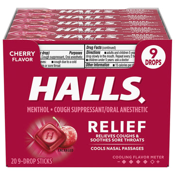 Halls Halls Cherry Cough Drops - With Menthol - 180 Drops (20 Sticks Of 9 Drops), 20 Count