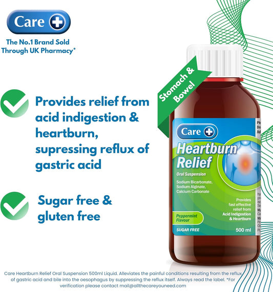 Care Heartburn & Indigestion Relief, Peppermint Flavour Oral Suspension, Fast-Acting Soothing Formula For Acid Reflux And Indigestion, Gentle On Stomach, Long-Lasting Relief, 1 X 500Ml