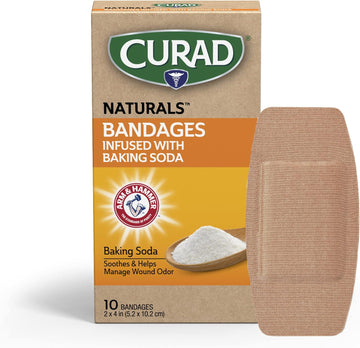 Curad Naturals Arm & Hammer Baking Soda Bandages 2" X 4", Individually Wrapped Sterile Bandage, First Aid Kit Essential, Protects Scrapes And Cuts, Absorbent And Self-Adhesive, 10-Count Box