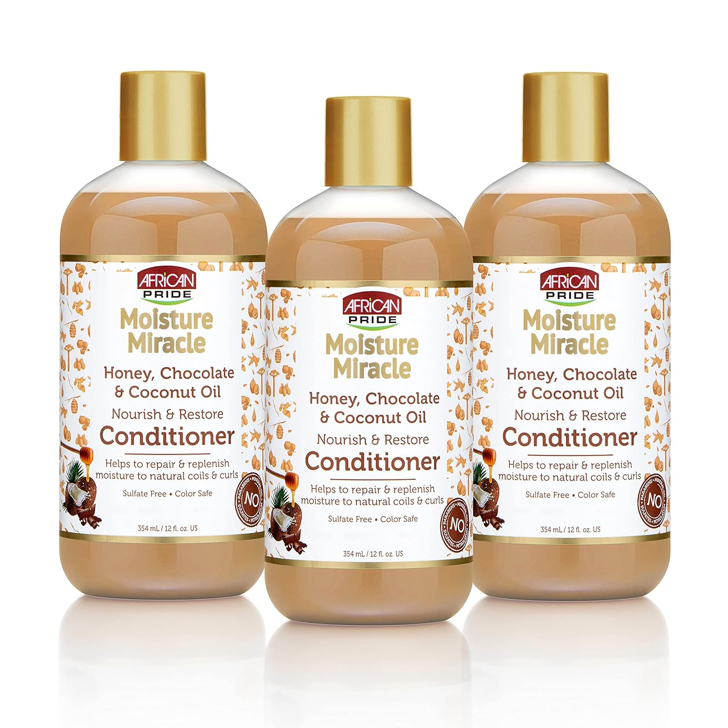 African Pride Moisture Miracle Honey, Chocolate & Coconut Oil Conditioner - Helps Repair & Replenish Moisture to Natural Coils & Curls, Nourishes & Restores, Sulfate Free, Color Safe, 12 oz (3 Pack)