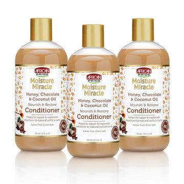 African Pride Moisture Miracle Honey, Chocolate & Coconut Oil Conditioner - Helps Repair & Replenish Moisture to Natural Coils & Curls, Nourishes & Restores, Sulfate Free, Color Safe, 12 oz (3 Pack)