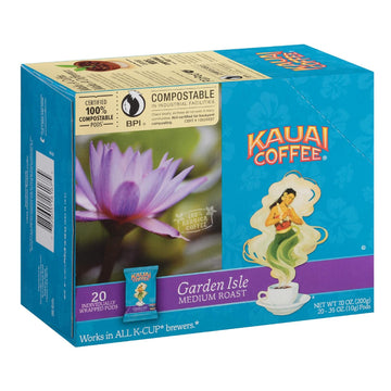 Kauai Coffee Garden Isle Medium Roast – Individually Wrapped Compostable Pods Compatible with Keurig Pods K-Cup Brewers (1 Pack of 20 Single-Serve Cups)