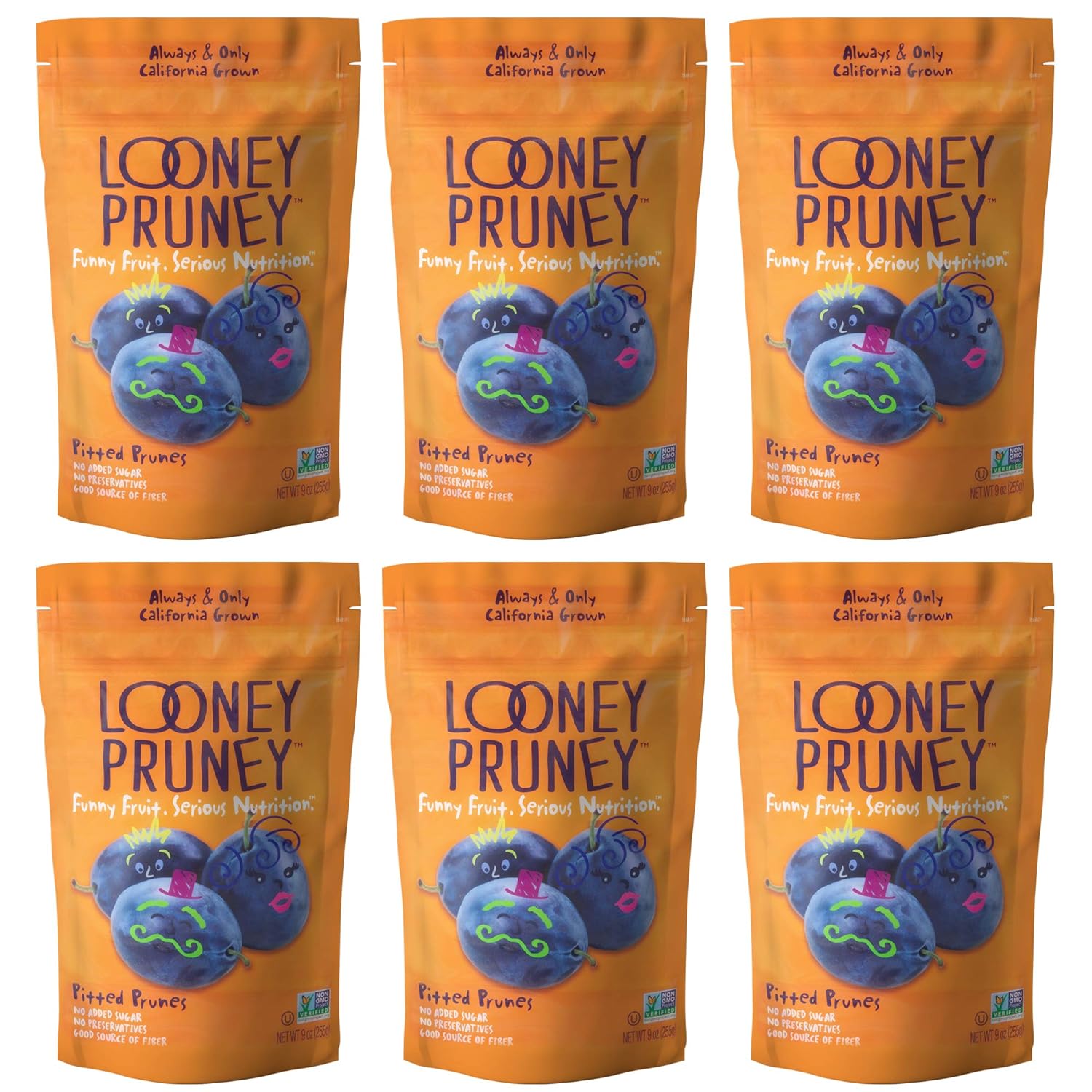 Looney Pruney Pitted Dried Prunes For The Entire Family | Always California-Grown | Kosher | No Added Sugar & No Preservatives (6 Pack)