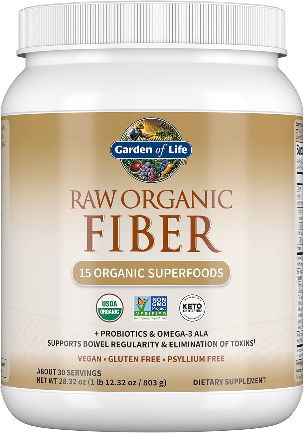 Garden Of Life Fiber Supplement, Raw Organic Fiber Powder - 30 Servings, 15 Organic Superfoods, Probiotics And Omega-3 Ala, 4G Soluble Fiber, 5G Insoluble Fiber For Regularity, Psyllium Free Fiber
