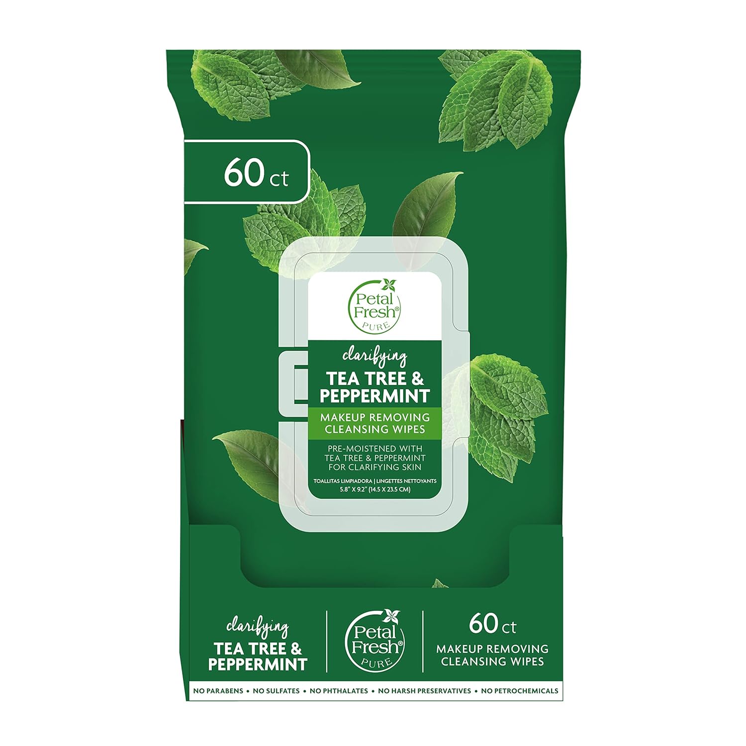 Petal Fresh Clarifying Tea Tree & Peppermint Makeup Removing, Cleansing Towelettes, Gentle Face Wipes, Daily Cleansing, Vegan and Cruelty Free, 60 count