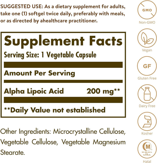 Solgar Alpha Lipoic Acid 200 mg, 50 Vegetable Capsules - Antioxidant Support - Helps to Recycle Glutathione, Vitamin C & E, CoQ-10 - Non-GMO, Vegan, Gluten Free, Dairy Free, Kosher - 50 Servings