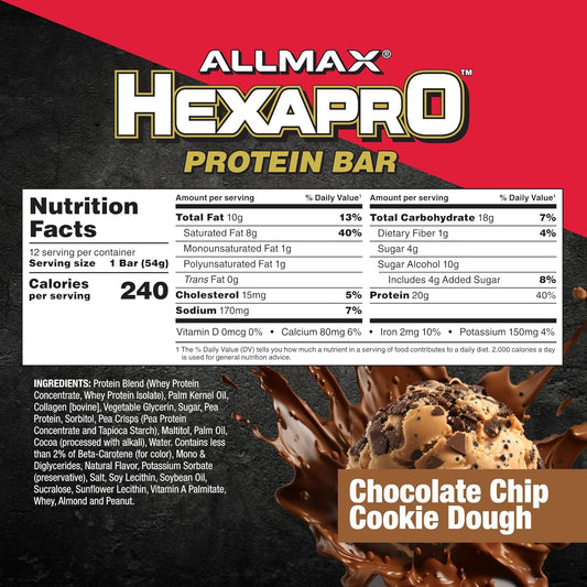 Allmax Hexapro Protein Bar, Chocolate Chip Cookie Dough - Pack Of 12 - High-Protein Energy Snack - 20 G Of Protein Per Bar - With Whey Protein Isolate