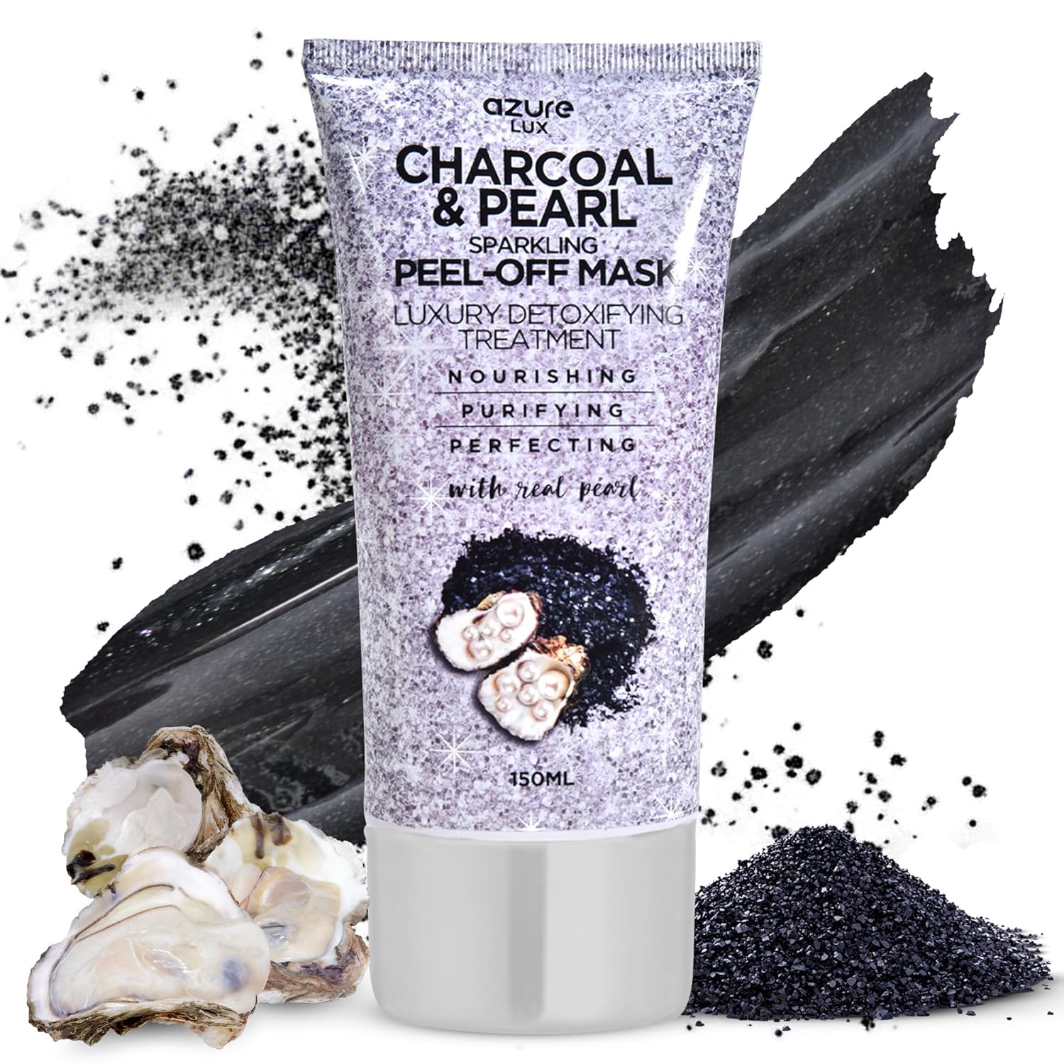 Azure Cosmetics Charcoal & Pearl Sparkling Peel-Off Mask - Korean Skincare For Anti-Aging, Dirt & Oil Control With Hyaluronic Acid & Collagen - Moisturizing & Purifying Face Mask - 150 Ml