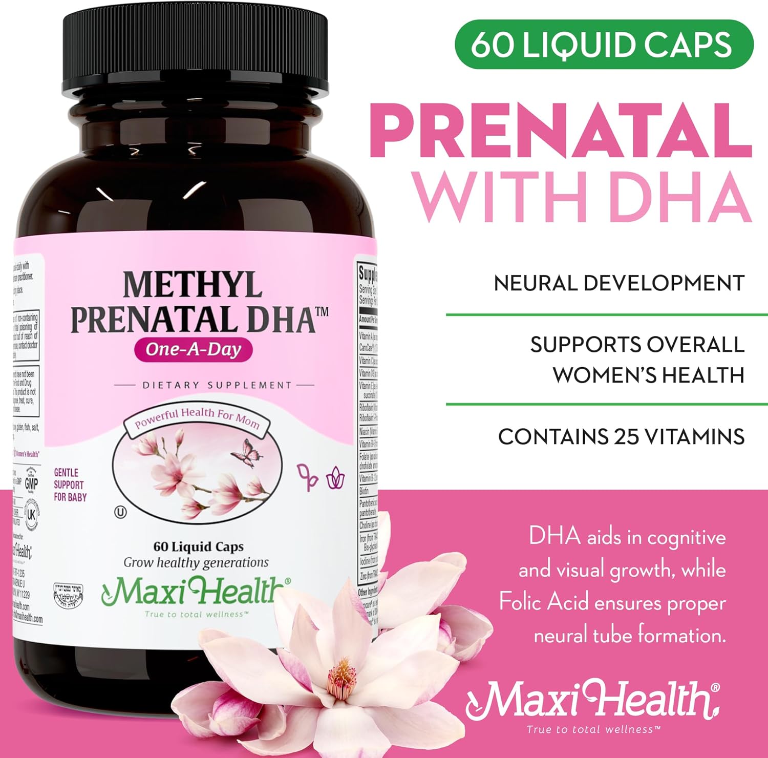 Maxi Health - Methyl Prenatal Dha Prenatal Vitamins Women - Doctor Formulated, Kosher, Gluten Free Prenatal Multivitamin With 25 Nutrients Including Dha, Folic Acid & More, 60 Liquid Caps
