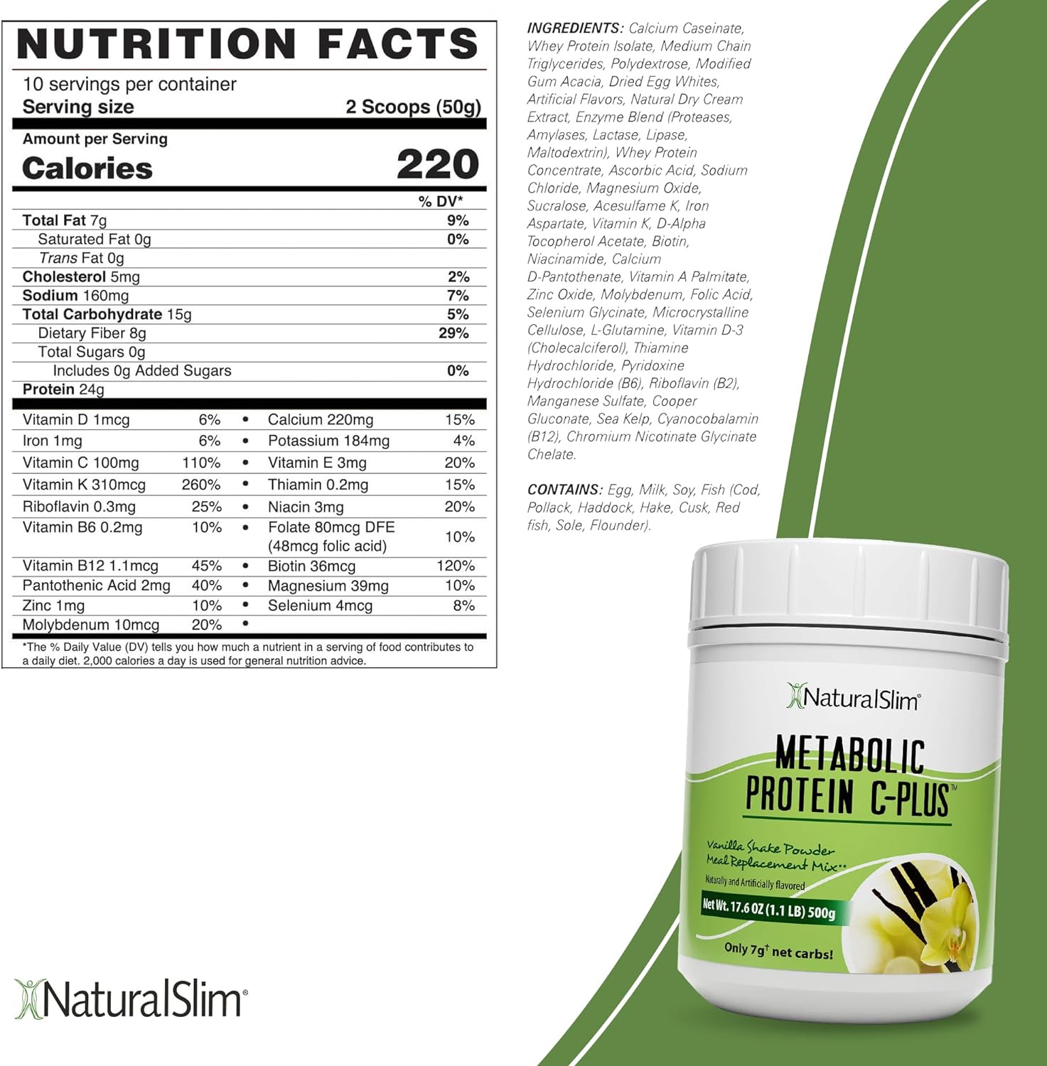 NaturalSlim Vanilla Metabolic C-Plus Meal Replacement Protein Powder - Low Carb Protein Shake with Immune Support Fortified with Vitamin C, Zinc & Amino Acid - 10 Servings 17.6 oz : Health & Household