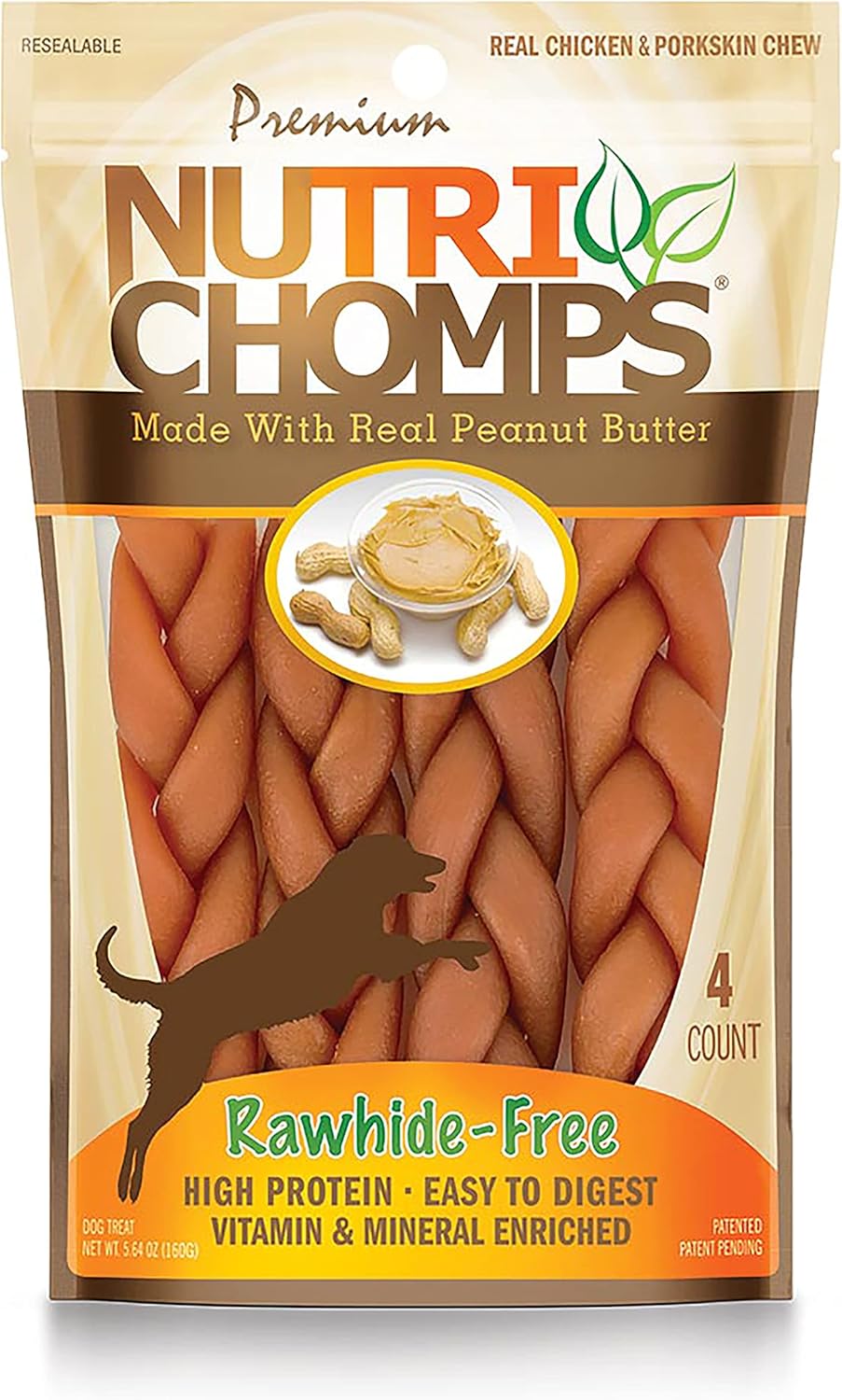 Nutrichomps Dog Chews, 6-Inch Braids, Easy To Digest, Rawhide-Free Dog Treats, Healthy, 4 Count, Real Peanut Butter Flavor