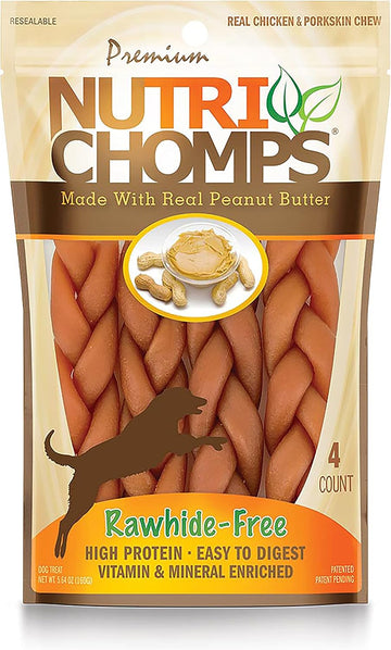 Nutrichomps Dog Chews, 6-Inch Braids, Easy To Digest, Rawhide-Free Dog Treats, Healthy, 4 Count, Real Peanut Butter Flavor