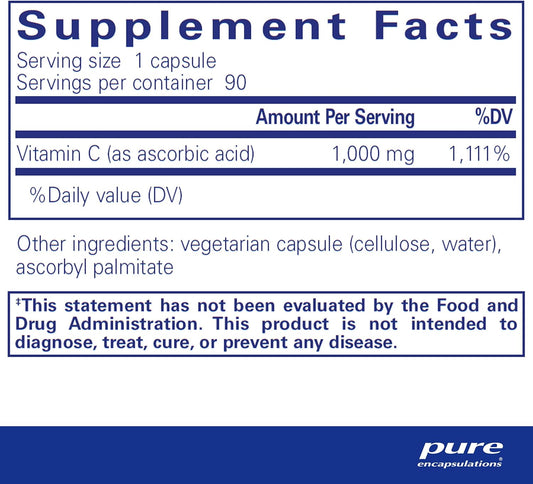 Pure Encapsulations Ascorbic Acid Capsules - 1,000 Mg Vitamin C - Antioxidant & Immune Support* - High-Potency Vitamin C - Vegan & Non-Gmo - 90 Capsules