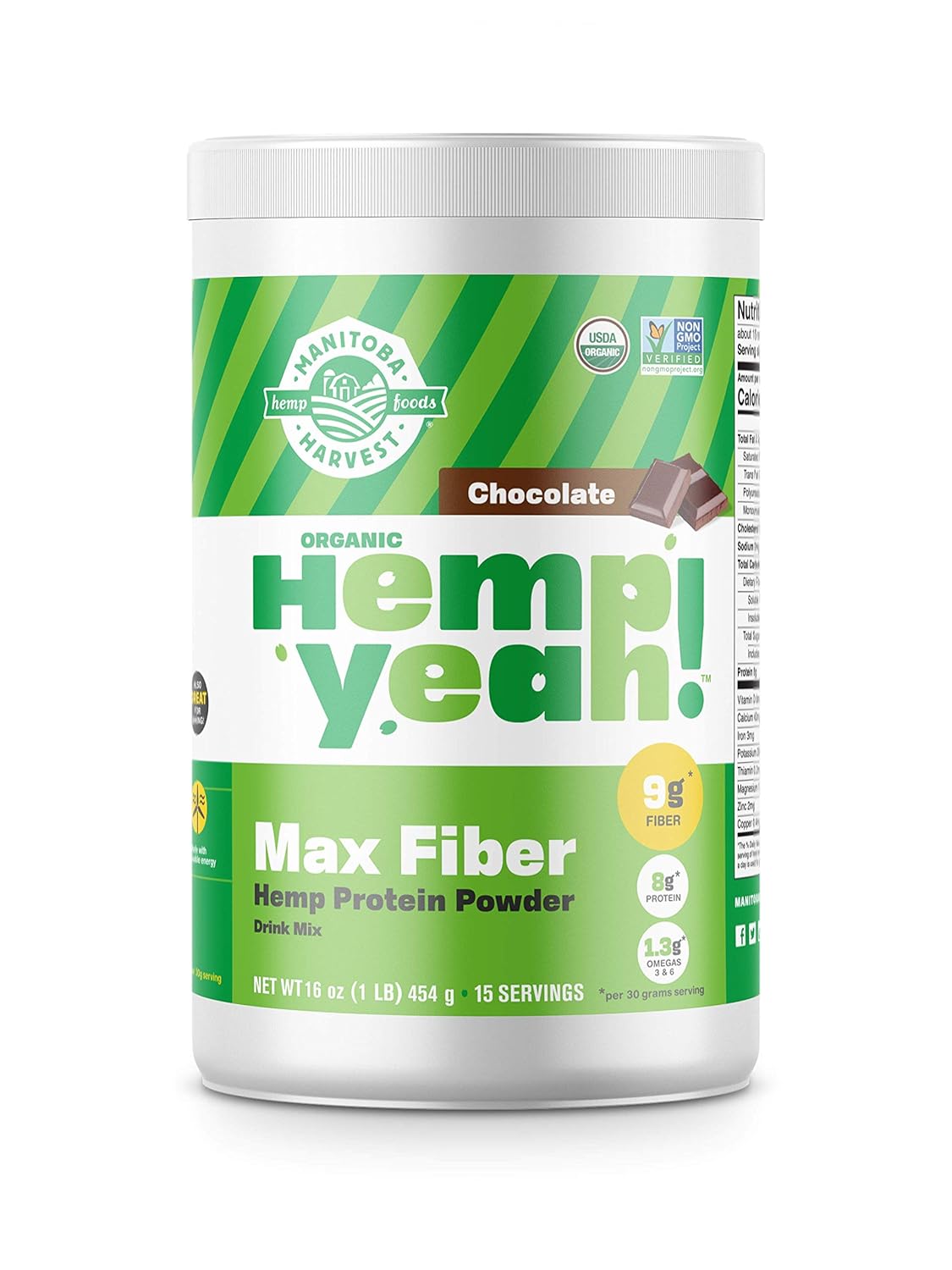 Manitoba Harvest Hemp Yeah! Organic Max Fiber Protein Powder, Omegas 3&6 Per Serving, Chocolate, 16 Ounce, Packaging May Vary