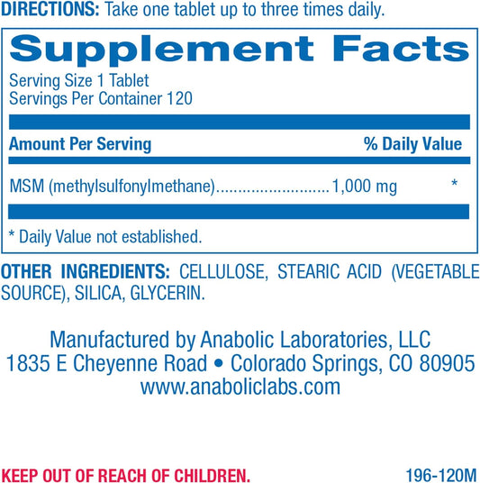 Anabolic Laboratories MSM Tablets 1000mg - 120 Vegetarian MSM Nutritio