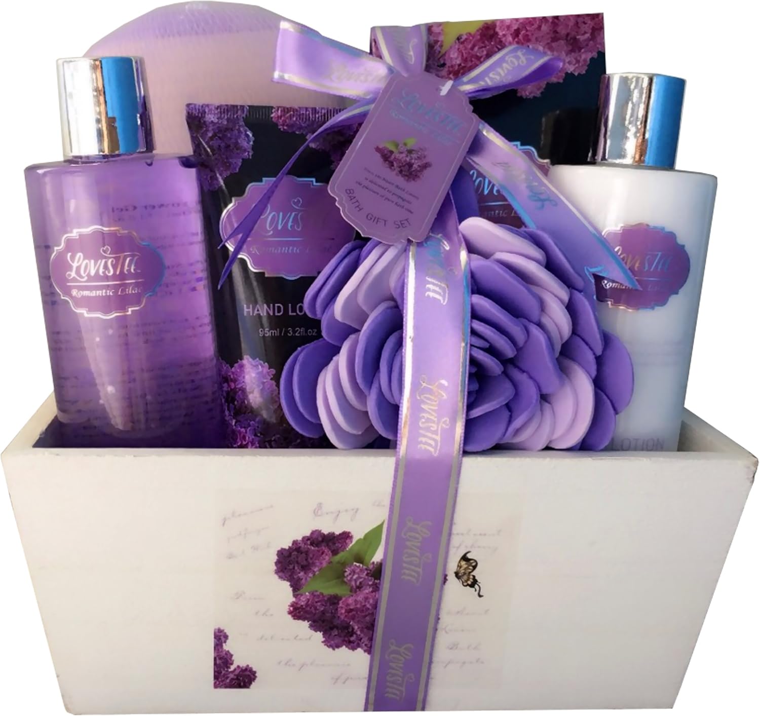 Spa Gift Basket Spa Basket With Lavender Fragrance Lilac Color By Lovestee - Bath And Body Gift Set Includes Shower Gel Body Lotion Hand Lotion Bath Salt Flower Bath-Body Sponge And Eva Sponge