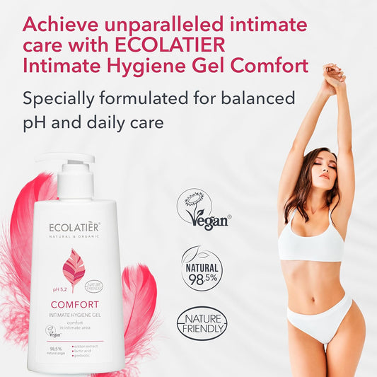 Comfort Intimate Hygiene Gel ECOLATIER - Feminine Wash, Vegan Certified, 98.5% Natural - pH Balanced for Daily Intimate Care - Gentle and Soothing Wash, pH Balanced - 8.5 Fl Oz