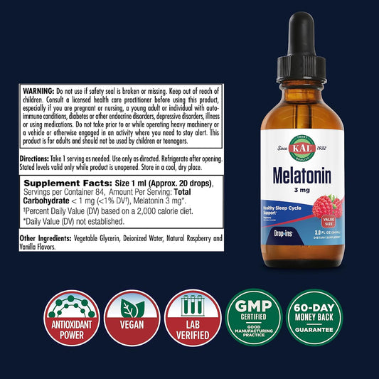 KAL Melatonin 3mg DropIns, Fast Acting Sleep Aid, Melatonin Drops for Calming Relaxation and Healthy Sleep Cycle Support, Natural Raspberry Flavor, 60 Day Guarantee, Approx. 88 Servings, 3 fl oz