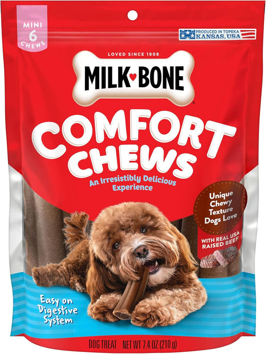 Milk-Bone Mini Comfort Chews, Rawhide Free Dog Treats With Unique Chewy Texture And Real Beef, 6 Mini Chews (Pack Of 5)