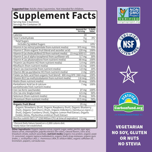 Garden Of Life Prenatal Gummy Vitamins For Women With Iron:Folate,Biotin,D3&B12+Probiotics For Digestion,Vitamin Code Multivitamin,Non-Gmo,Gluten-Free,90 Cherry Lemonade Gummies, 30 Day Supply