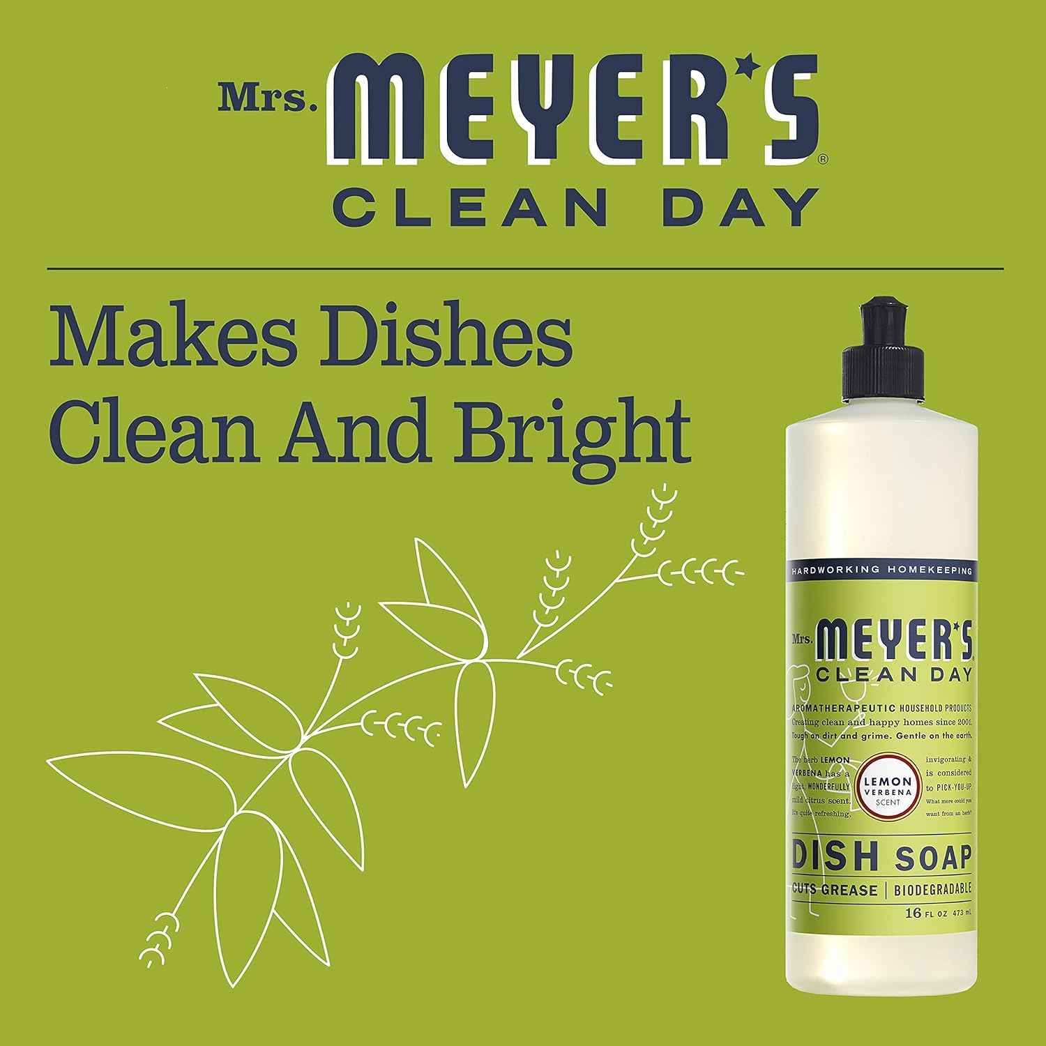 Mrs. Meyer's Clean Day Liquid Dish Soap, Cruelty Free and Non-Toxic, Lemon Verbena Scent, 16 oz- Pack of 6 : Health & Household