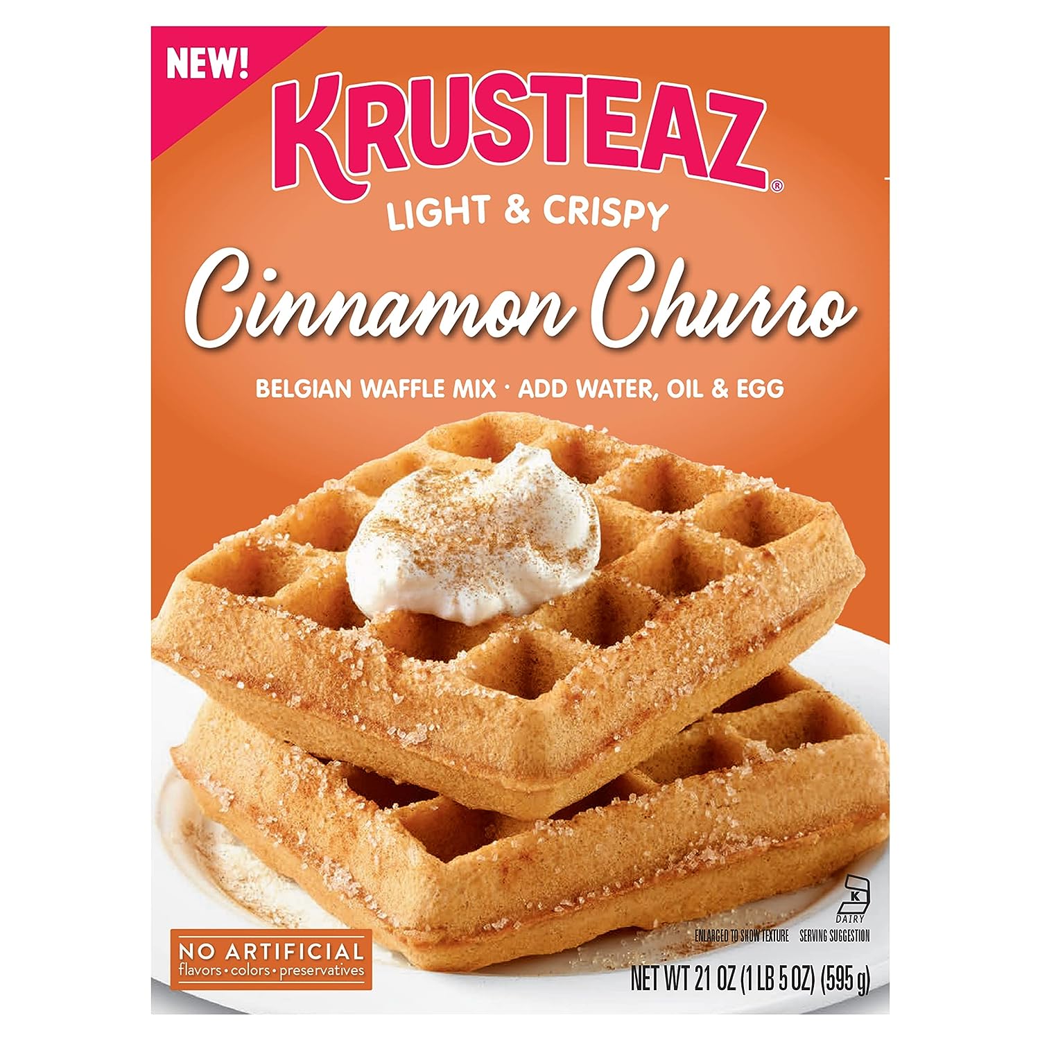 Krusteaz Light & Fluffy Cinnamon Churro Belgian Waffle Mix, Free of Artificial Flavors, Colors, or Perservatives, 21-ounce Boxes (Pack of 8)