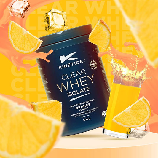 Kinetica Sports Clear Whey Isolate - Orange Flavour | 24G Whey Protein Isolate/Serve, 15 Servings/500G Pack | Naturally Occurring Amino Acid Profile | Lower In Lactose | Mixes Well With Water