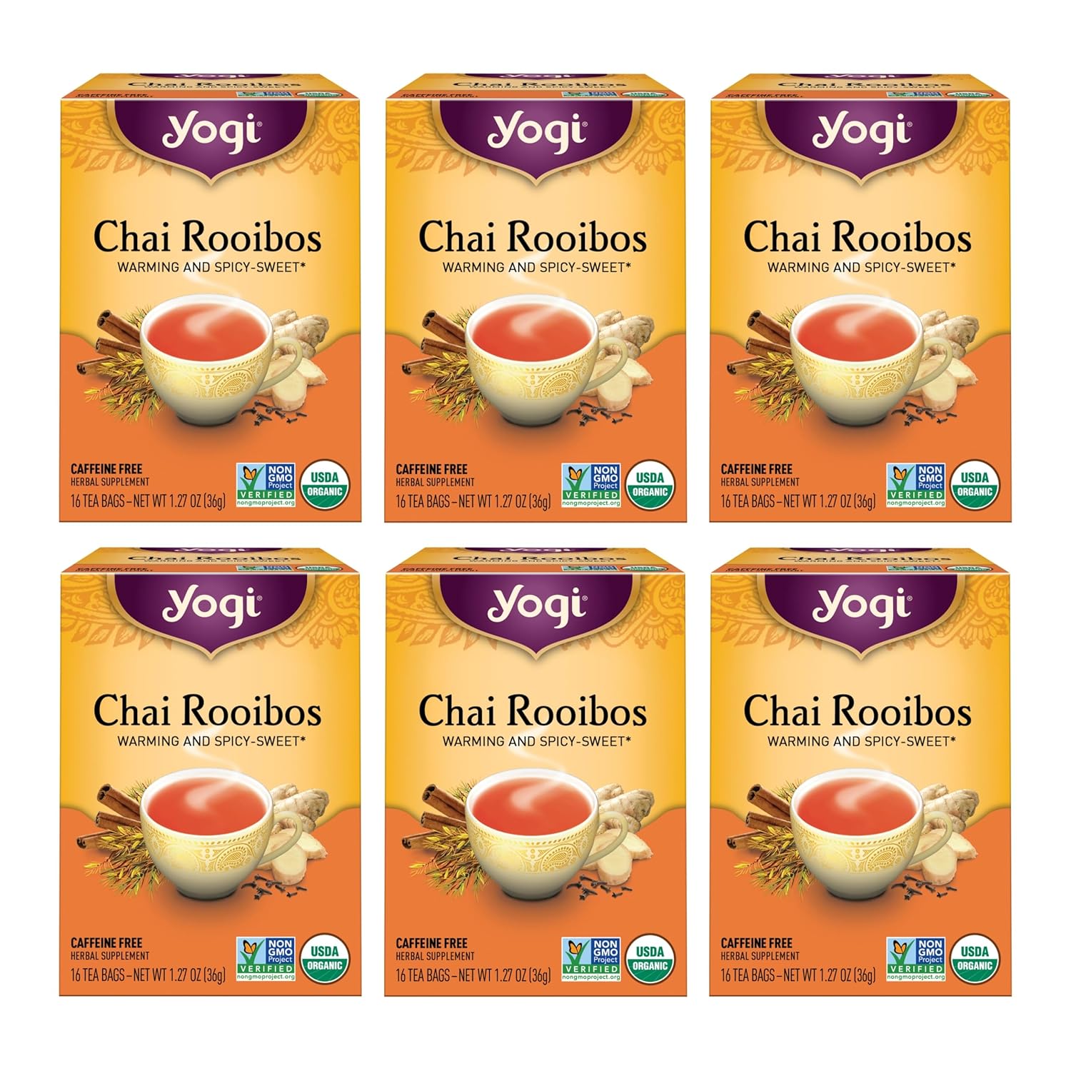 Yogi Tea Chai Rooibos Tea - 16 Tea Bags Per Pack (6 Packs) - Spiced Organic Rooibos Tea - Provides Antioxidants - Caffeine-Free - Includes Cardamom, Cinnamon, Ginger & Clove