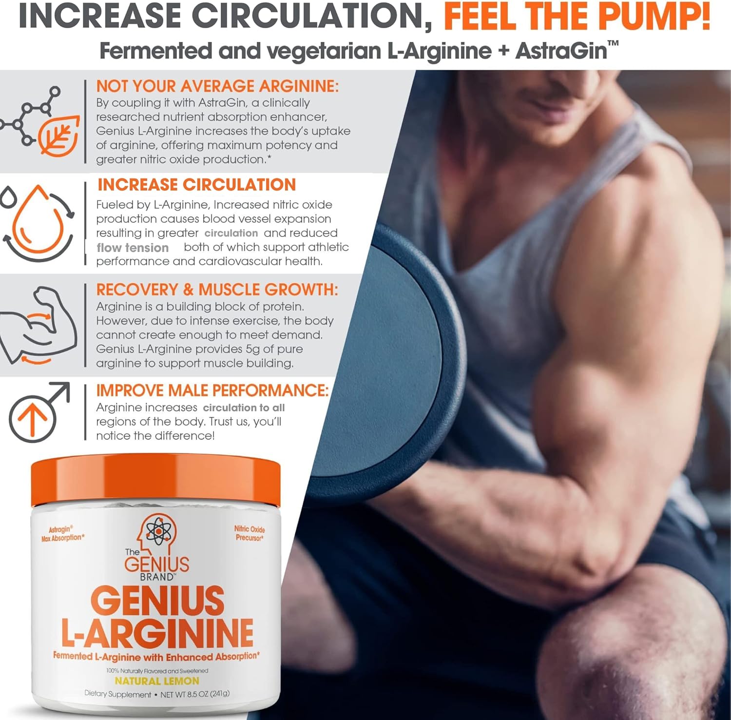 Genius L-Arginine Nitric Oxide Powder - Fermented L- Arginine Nutritional Supplements & Nitric Oxide Booster - Pre Workout, Natural Muscle Builder - 30 Servings, Lemon : Health & Household