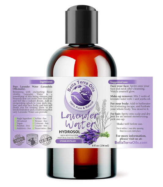 Bella Terra Oils - Lavender Hydrosol 8 oz - Naturally Packed with Antioxidants & Flavonoids, Luxurious Hydrosol Water for Skin's Natural Balance