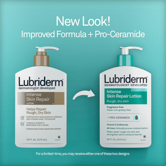 Lubriderm Intense Dry Skin Repair Lotion + Pro-Ceramide with Vitamin E & Minerals Helps to Repair Rough, Dry Skin, Fast Absorbing Lotion is Fragrance-Free and Non-Greasy, 16 fl. oz