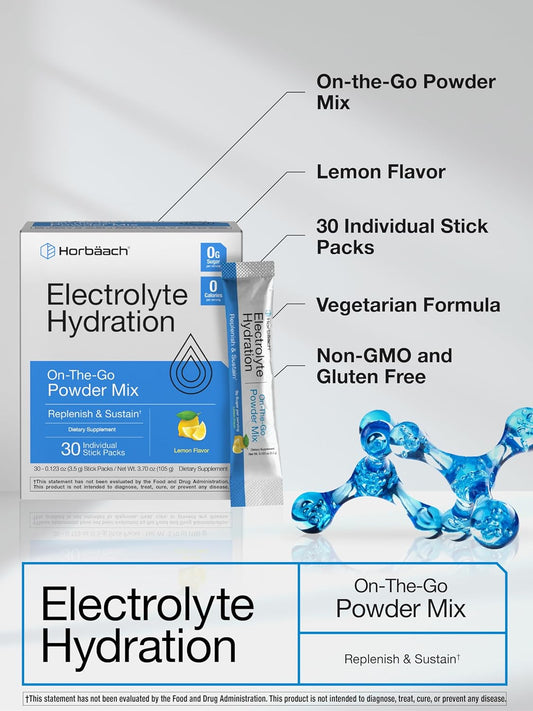 Horbäach Electrolyte Powder Packets | 30 Sticks | Lemon Flavor | On-The-Go Powder Mix | Vegetarian | Keto-Friendly | Non-Gmo, Gluten Free Supplement