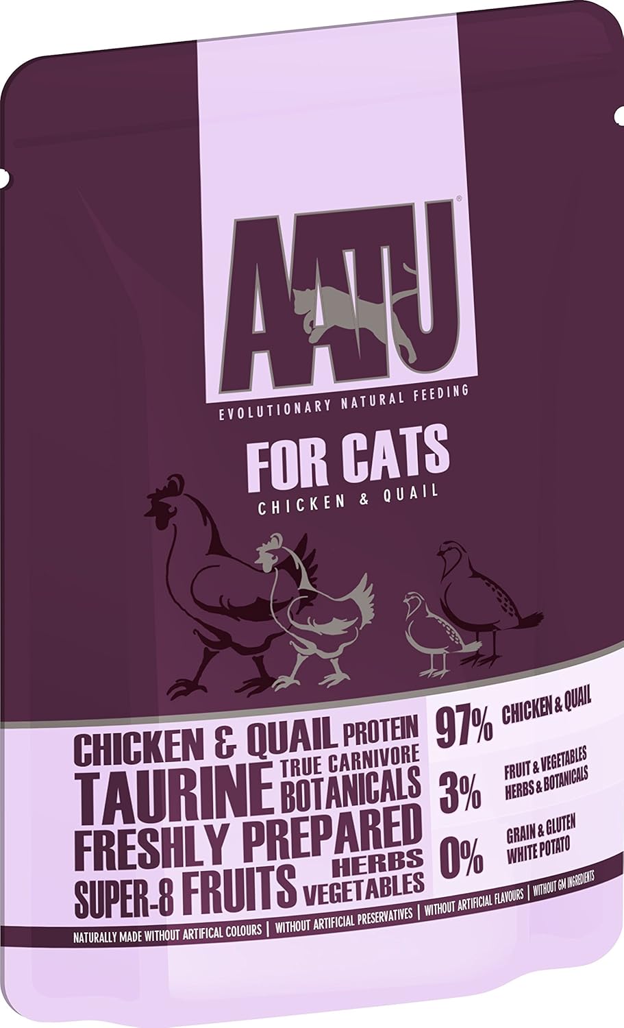 AATU 97/3 Wet Cat Food - Chicken & Quail (10x85g) - Grain Free Recipe with No Artificial Ingredients - Easy Tear Pouches?WACCQ85