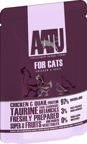 AATU 97/3 Wet Cat Food - Chicken & Quail (10x85g) - Grain Free Recipe with No Artificial Ingredients - Easy Tear Pouches?WACCQ85