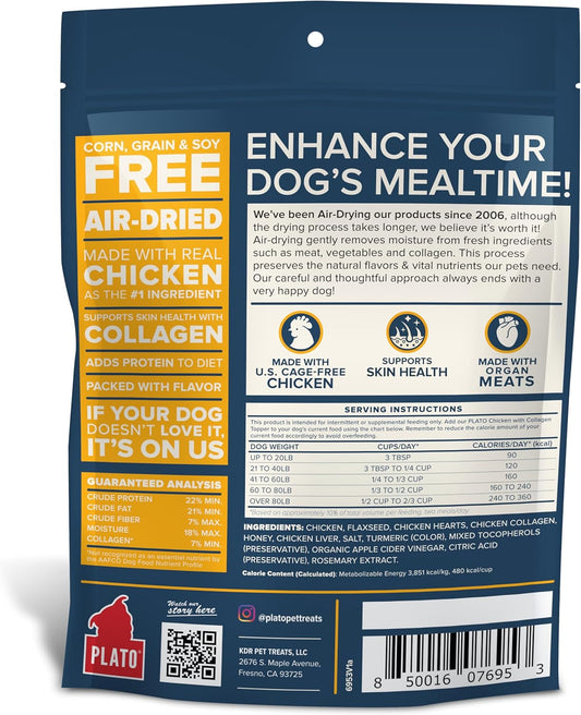 Plato Pet Treats Air Dried Dog Food Topper, Chicken And Collagen Recipe, Superfood, Grain Free, Made In The Usa, 5.5Oz