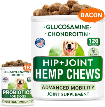 Hemp + Glucosamine + Probiotics Bundle - Joint Pain Relief + Upset Stomach Relief - Hemp Oil, Chondroitin W/Msm, Omega 3 + Digestive Enzymes, Prebiotics - Improve Digestion, Immunity - 120 +180 Chews