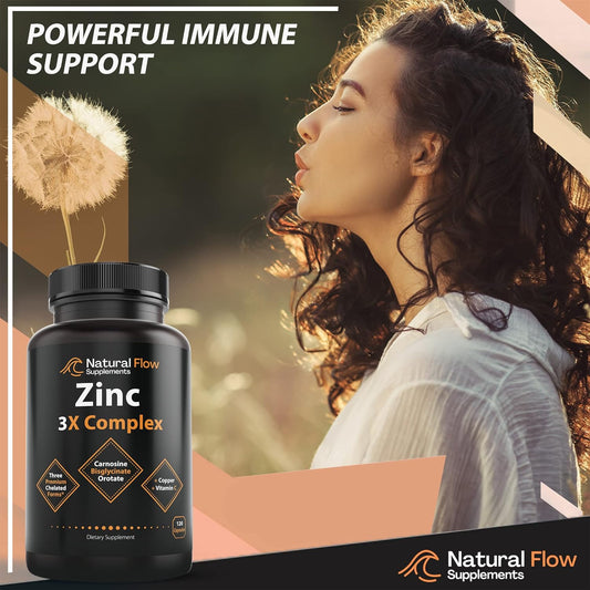 Zinc Supplement Complex with Copper and Vitamin C - Natural Flow 3X Zinc Carnosine, Bisglycinate Chelate, and Orotate, Chelated Zinc Copper, Easy on The Stomach, Skin and Immune Support, 120 Capsules