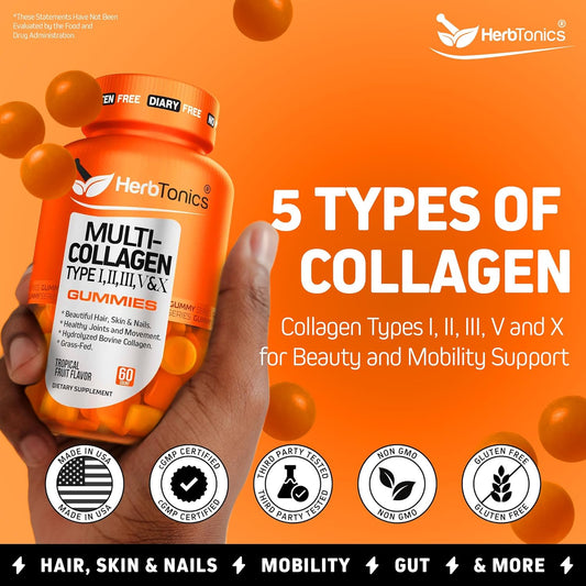 Herbtonics Multi Collagen Gummies With Biotin & Vitamin C, Hydrolyzed Collagen Peptides Types I, Ii, Iii, V, X For Hair, Skin, Nails, & Bone Support - Tropical Flavor, 60 Gummies