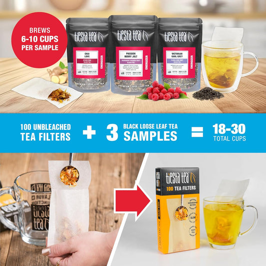 Tiesta Tea - Black Tea Starter Kit | Premium Loose Leaf Black Tea Gift Set | High Caffeinated Tea | Make Hot Or Iced Tea | Tea Assortment With 3 Loose Leaf Tea Samplers & 100 Disposable Tea Filters