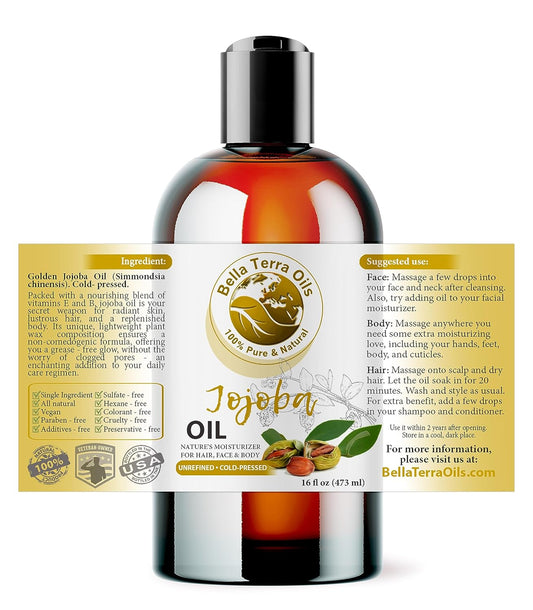 Bella Terra Oils - Organic Jojoba Oil 16oz - Unveiling Organic Jojoba's Beauty Secrets, Saturated with Vitamin B5 & Folic Acid, The Gold Standard of Body Oil Moisturizers