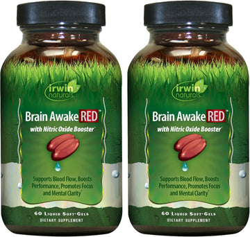 Irwin Naturals Brain Awake Red - 60 Liquid Soft-Gels, Pack Of 2 - With Nitric Oxide Booster - Support Brain Health & Optimize Performance - 40 Total Servings