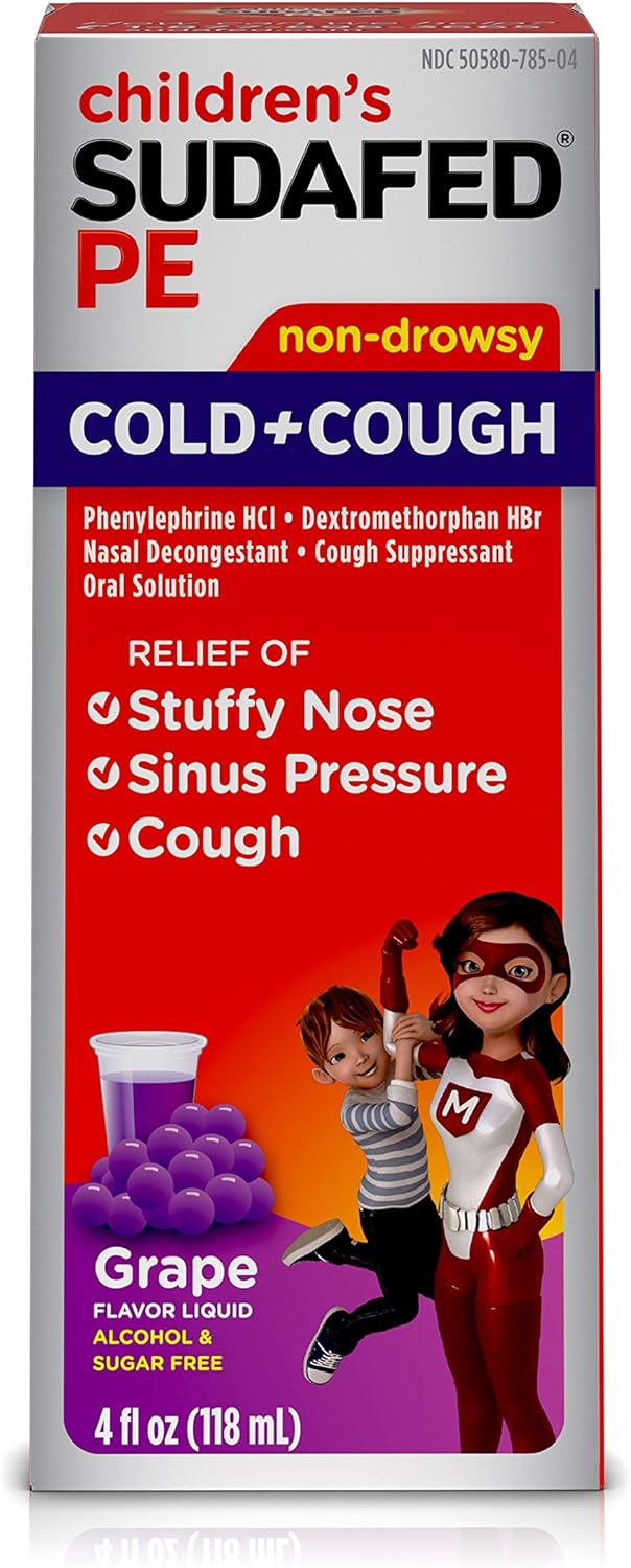 CHILDREN'S SUDAFED PE Nasal Decongestant, Cough Suppressant COLD + COUGH Non-Drowsy, Grape Flavor 4 fl oz