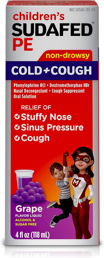 CHILDREN'S SUDAFED PE Nasal Decongestant, Cough Suppressant COLD + COUGH Non-Drowsy, Grape Flavor 4 fl oz