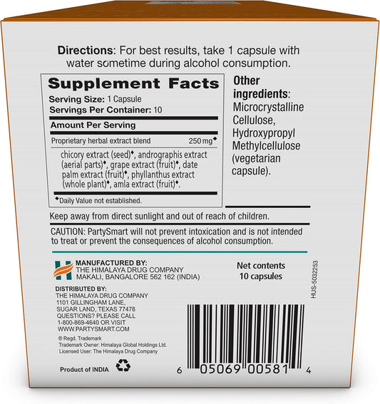 Himalaya Partysmart, One Capsule For A Better Morning After Drinking, Plant Based, Liver Support, Alcohol Breakdown, Clinically Studied, Non-Gmo, Herbal Supplement, 10 Capsules