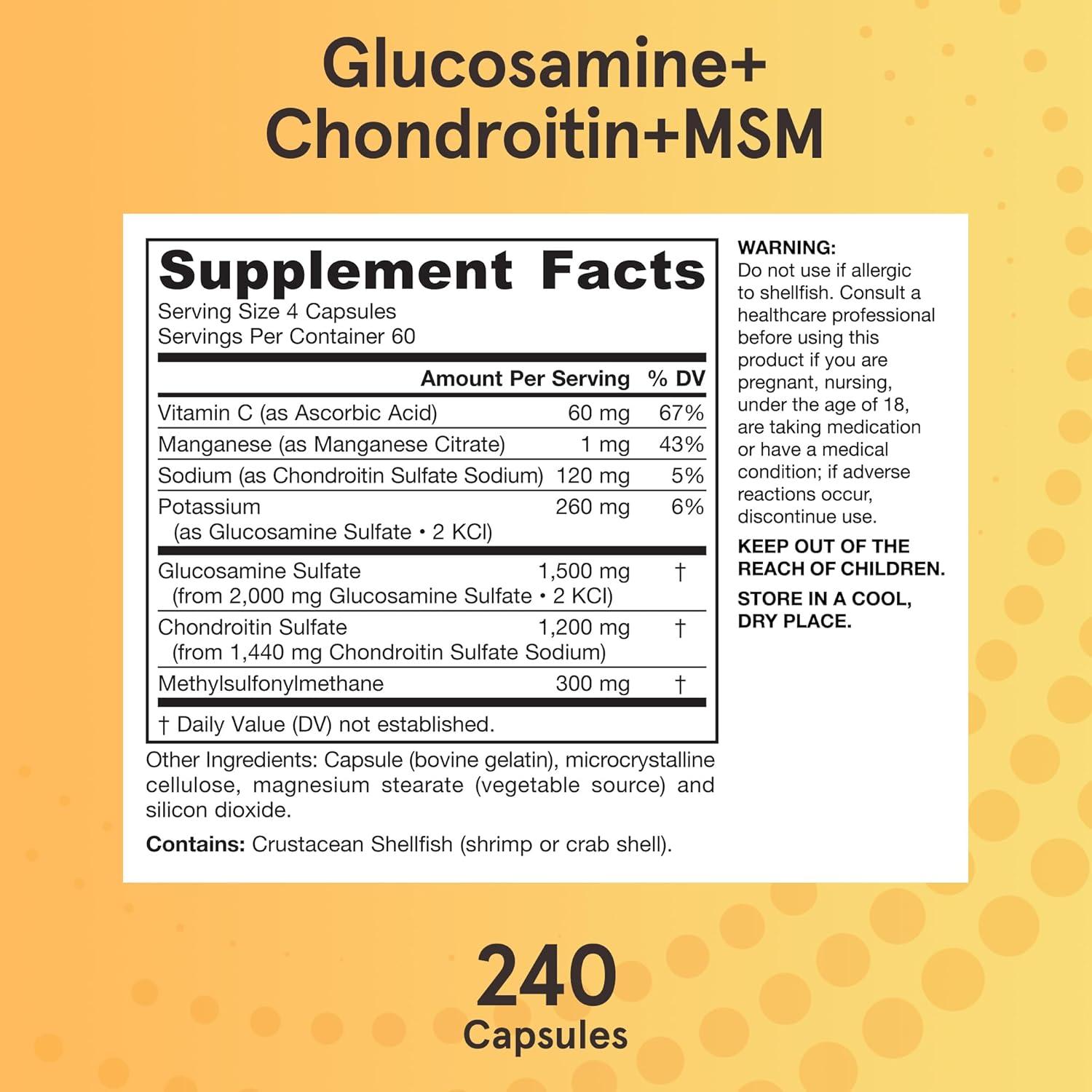 Jarrow Formulas Glucosamine + Chondroitin + Msm Capsules, Joint Support Supplement With Vitamin C And Manganese, 240 Capsules, 60 Day Supply : Health & Household