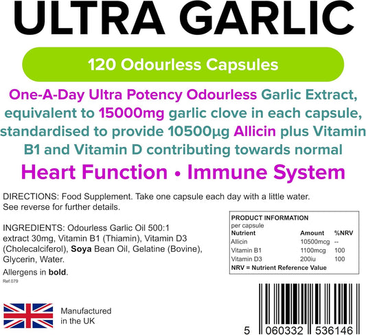 Lindens Ultra Garlic Odourless Capsules - 120 Pack - Vitamin B1 And D3 For Normal Muscle Function, Heart And Immune Health - 15000Mg Garlic (10500Mcg Allicin) - Uk Manufacturer, Letterbox Friendly